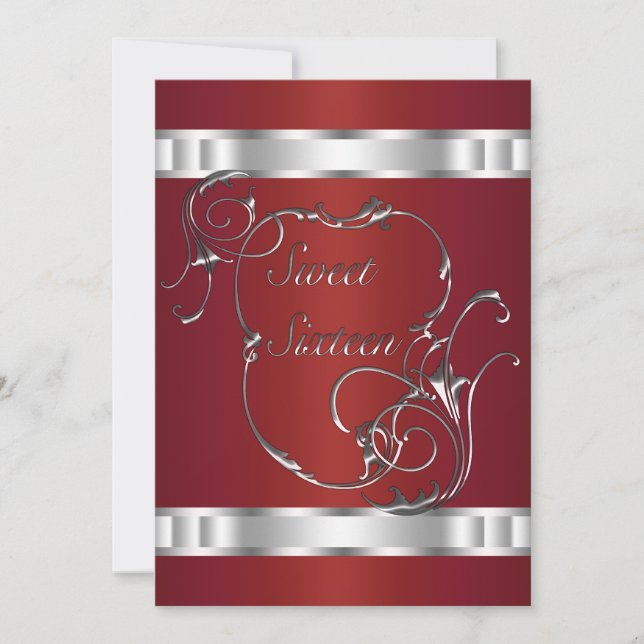 Red Silver Swirls Elegant Sweet Sixeen Invitation (Front)