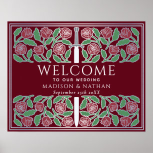 Red Silver Sword Floral Royal Wedding Welcome Sign