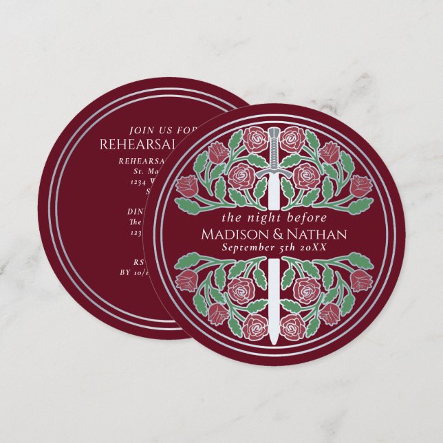 Red Silver Sword Royal Wedding Rehearsal  Invitation (Front/Back)