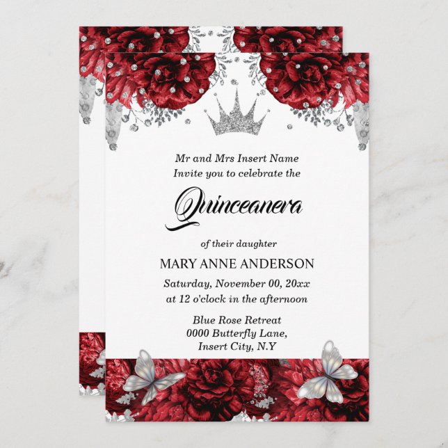 Red silver tiara butterfly blue rose quinceanera invitation (Front/Back)