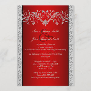 Red silver wedding anniversary floral invitation