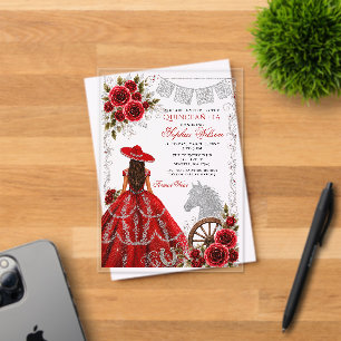 Red Silver Western Horse Floral Charra Quinceañera Acrylic Invitations