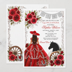 Red Silver Western Horse Floral Charra Quinceañera Invitation