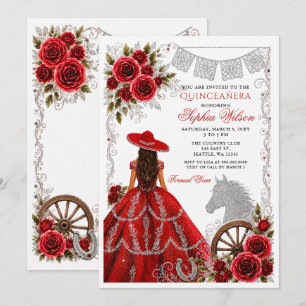 Red Silver Western Horse Floral Charra Quinceañera Invitation