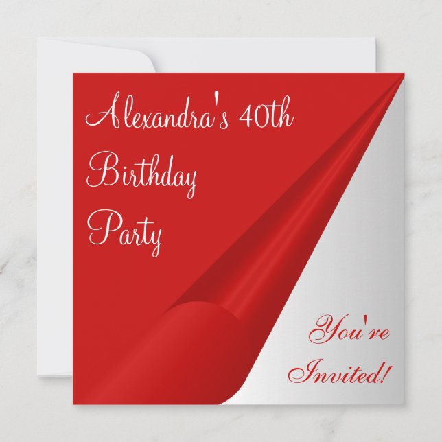 Red Silver White 40th Birthday Party Invitation (Front)