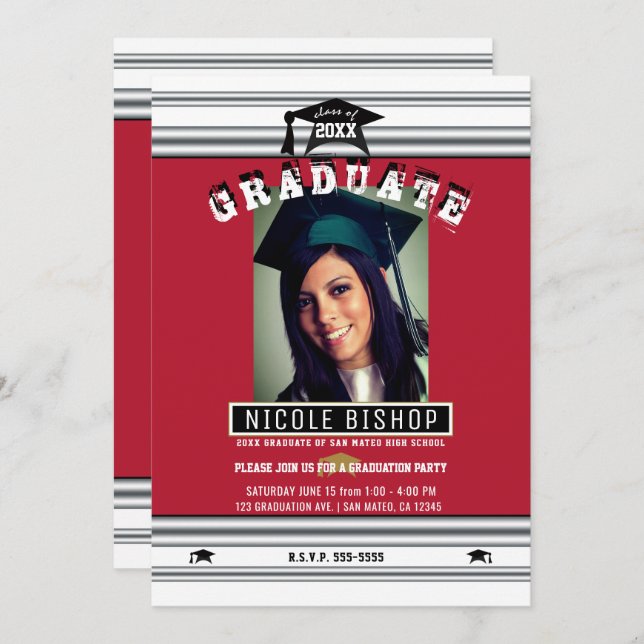 Red Silver White Elegant Photo Graduation Party Invitation (Front/Back)