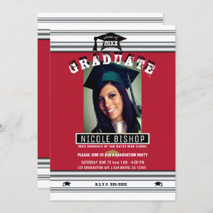 Red Silver White Elegant Photo Graduation Party Invitation