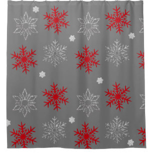 Red, Silver & White Snowflakes on Charcoal Grey Shower Curtain