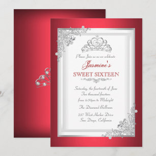 Red Silver White Tiara Sweet 16 Birthday Party Invitation
