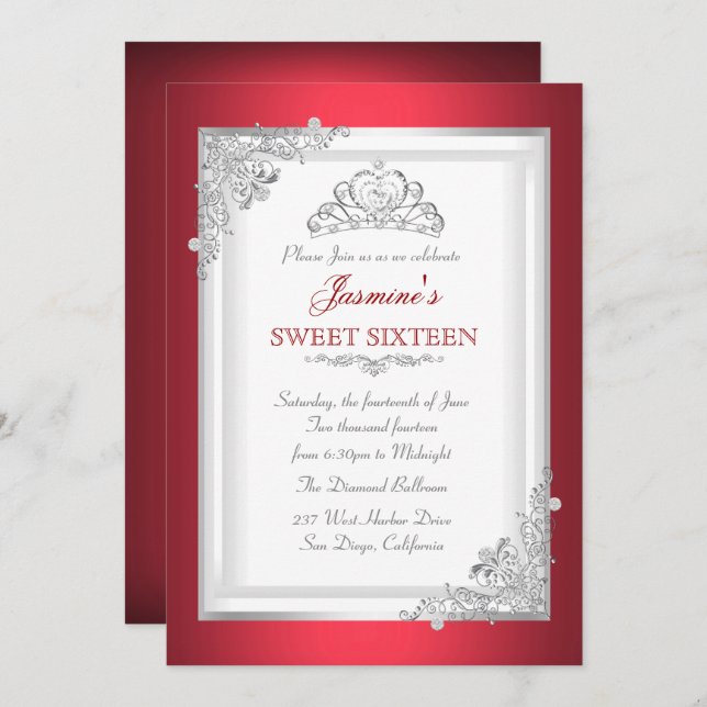 Red Silver White Tiara Sweet 16 Birthday Party Invitation (Front/Back)