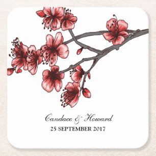 Red Simple Cherry Blossoms Paper Coasters