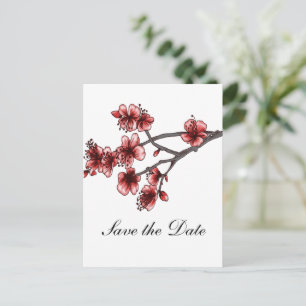 Red Simple Cherry Blossoms Save the Date Announcement Postcard