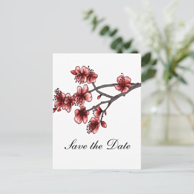 Red Simple Cherry Blossoms Save the Date Announcement Postcard (Standing Front)