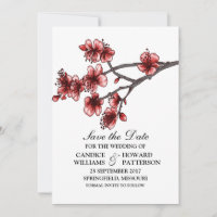 Red Simple Cherry Blossoms Save the Date Invite