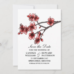 Red Simple Cherry Blossoms Save the Date Invite
