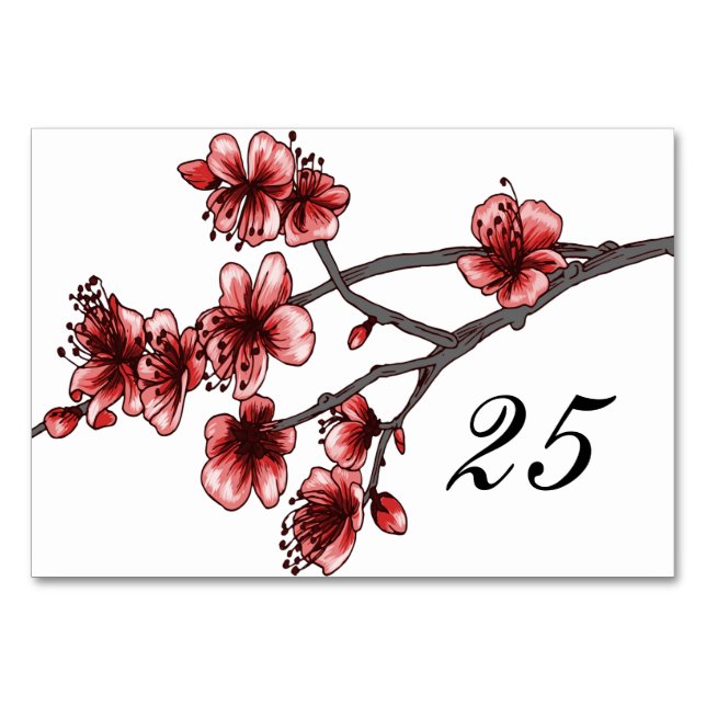 Red Simple Cherry Blossoms Table Card (Front)
