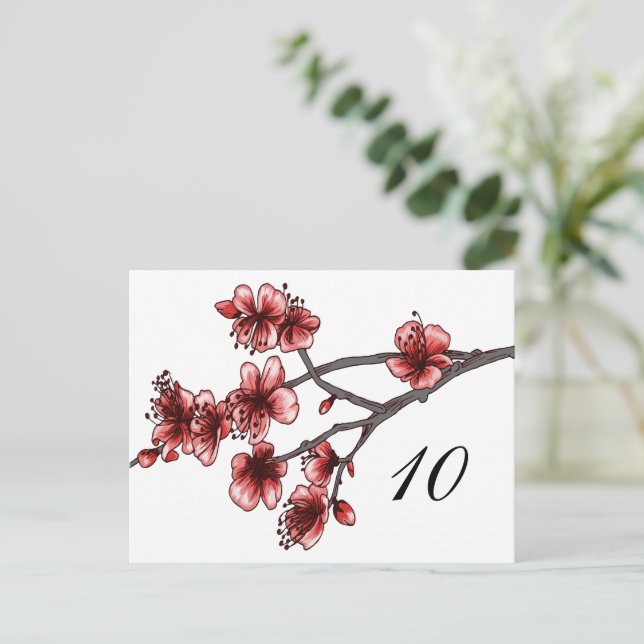 Red Simple Cherry Blossoms Table Number Postcard (Standing Front)