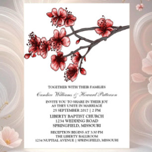 Red Simple Cherry Blossoms Wedding Invite