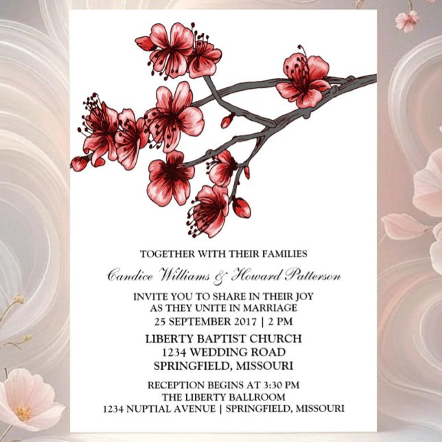 Red Simple Cherry Blossoms Wedding Invite (Red Simple Cherry Blossom Wedding Invite)
