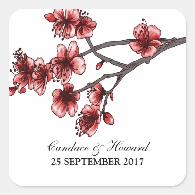 Red Simple Cherry Blossoms Wedding Stickers (Front)
