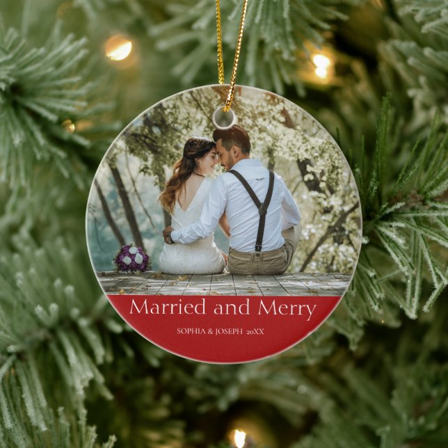 Red Simple Christmas Married and Merry Newlywed Ceramic Ornament (Tree)