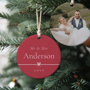 Red   Simple Minimal Bow Wedding Photo Ceramic Ornament