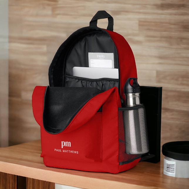 Red Simple Minimalist Monogram and Name Printed Backpack (Personalize with your initials and name.)