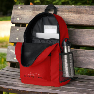 Red Simple Minimalist Monogram and Name Printed Backpack