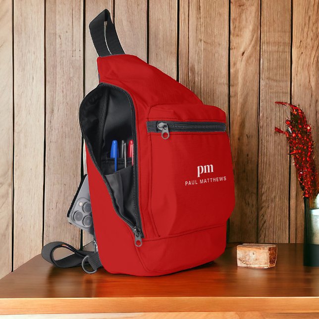 Red Simple Minimalist Monogram and Name Sling Bag (Personalize with your initials and name.)