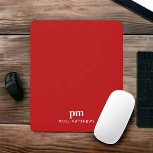 Red Simple Minimalist with Monogram and Name Mouse Pad