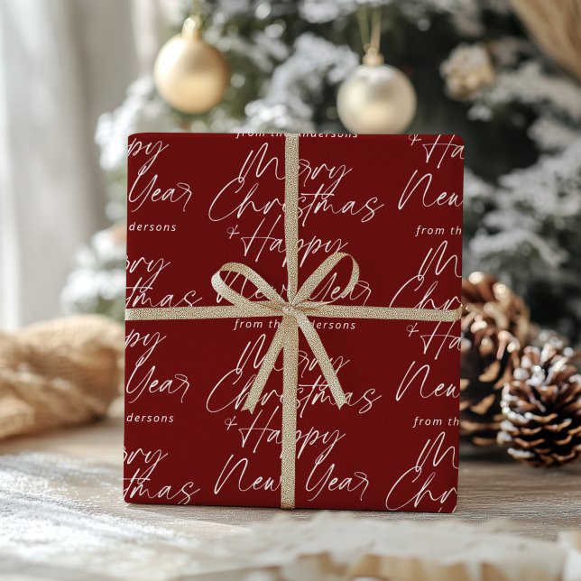 Red Simple Modern Merry Christmas & Happy New Year Wrapping Paper (Creator Uploaded)