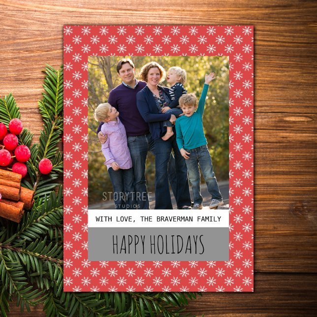 Red Simple Snowflake Holiday Photo Flat Card (Red Simple Snowflake Holiday Photo Card)