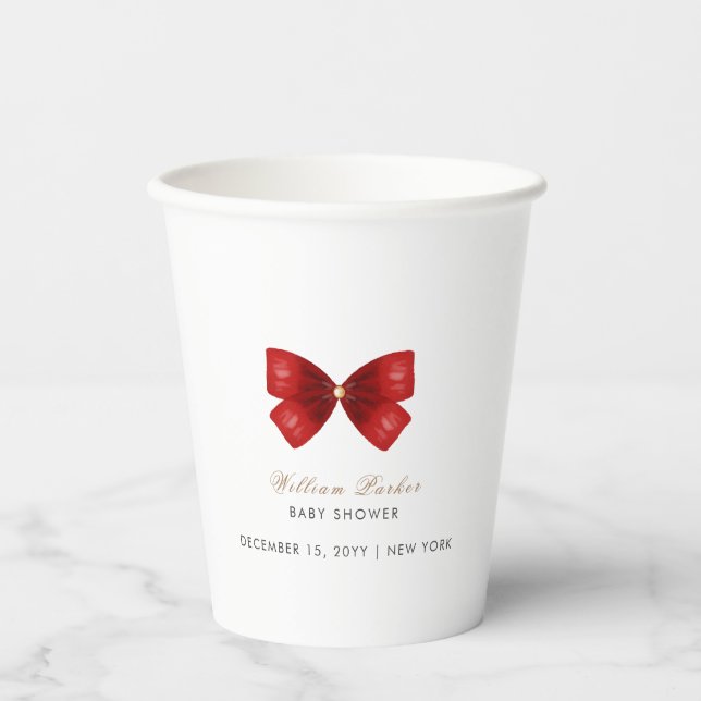 Red Simple Watercolor Bow Baby Shower Paper Cups (Front)