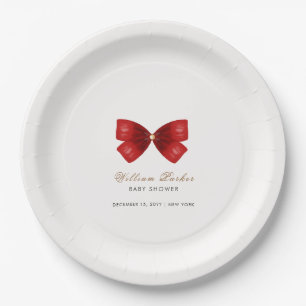 Red Simple Watercolor Bow Baby Shower Paper Plate