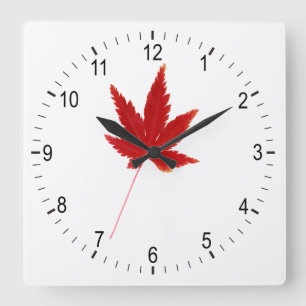 Red single autumn leaf square wall clock