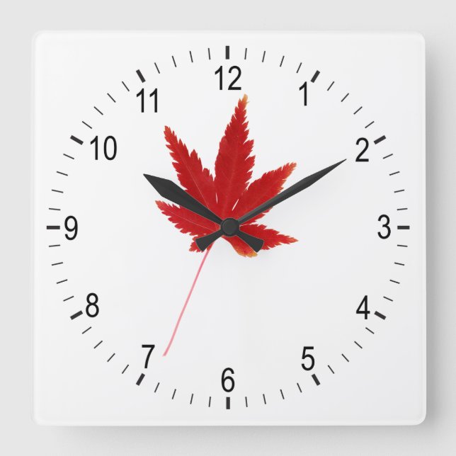 Red single autumn leaf square wall clock (Front)