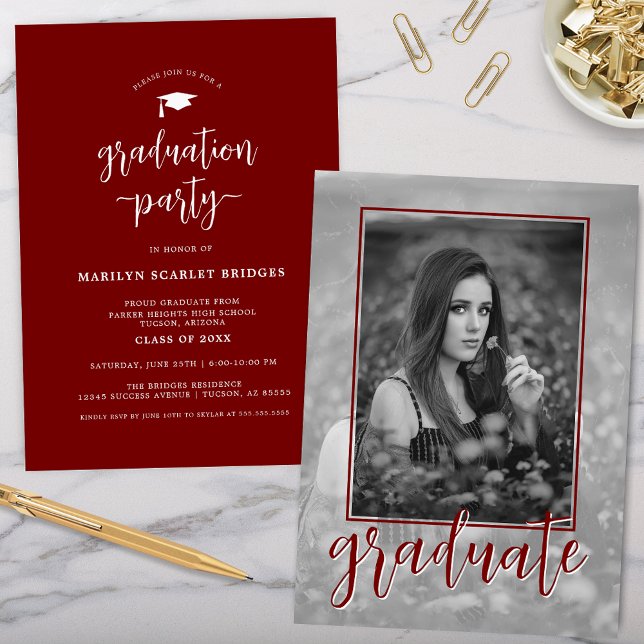 Red Single Photo Script Graduation Invitation (red modern simple graduation party invitation for high school college senior with single photo back)