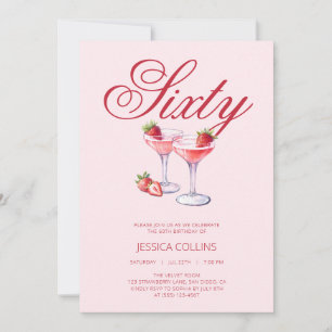 Red Sixty Strawberry Cocktail 60th Birthday Party Invitation