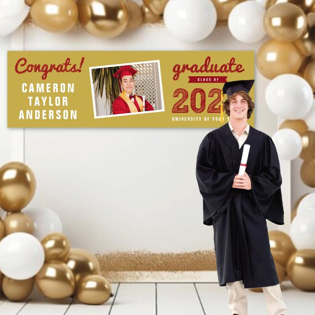 Red Sketch 2025 Congrats Photo Graduation Party Banner (2024 Gold And Red Sketch, One Photo Modern Graduation Party Banner @ www.zazzle.com/color_therapy)