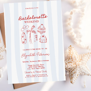 Red Sketch Bachelorette Weekend Blue Stripes Invitation