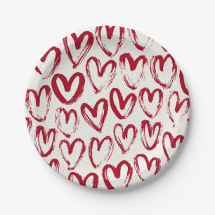 Red Sketch Heart Patterns Hand-Drawn Doodle-Style Paper Plate