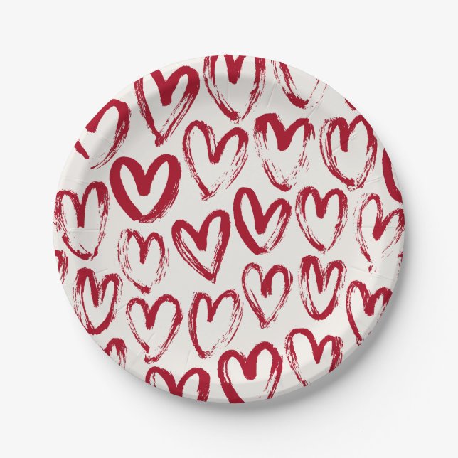 Red Sketch Heart Patterns Hand-Drawn Doodle-Style Paper Plate (Front)