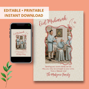 Red Sketch Ribbon Crescent Moon Photo Eid Mubarak  Holiday Card