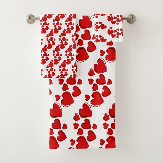 Red Sketchy Hearts Design Bath Towel Set (Insitu)