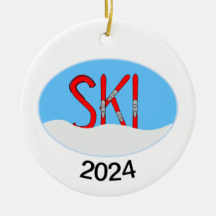 Red Skis And Snow In An Oval Ceramic Ornament