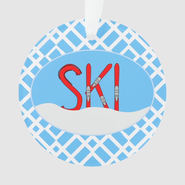 Red Skis And Snow In An Oval Ornament (Front)