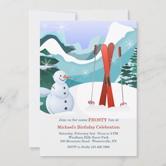 Red Skis and Snowman Invitation (Front)
