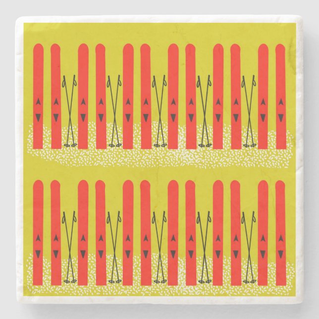 Red skis on yellow stone coaster (Front)