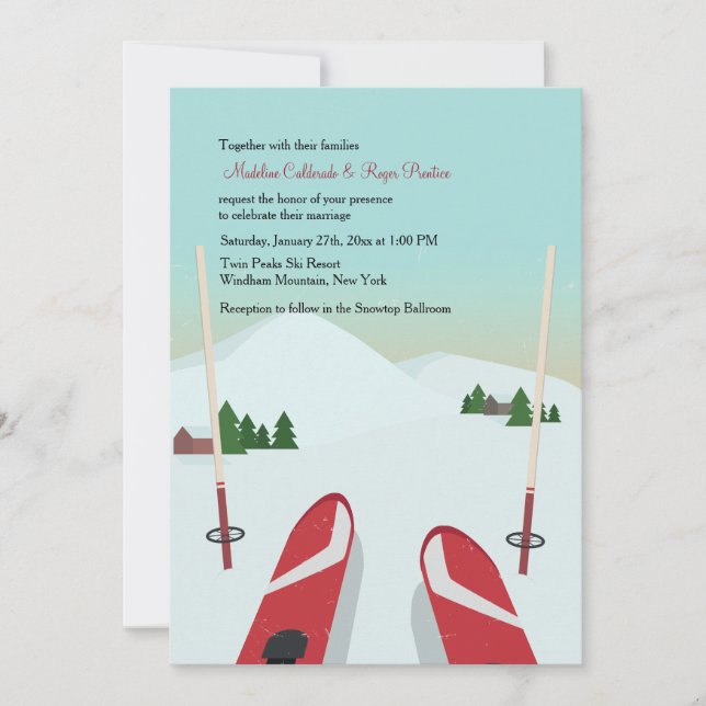 Red Skis Wedding Invitation (Front)