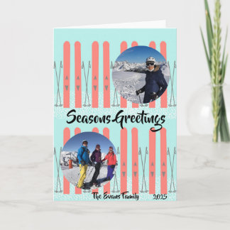 Red skis with snow card